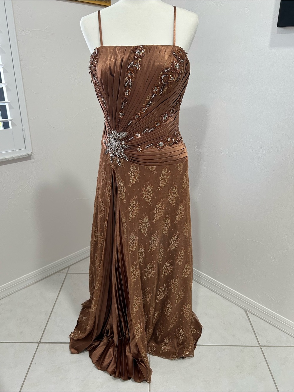 Elegant Bronze Beaded Spaghetti-Strap Evening Gown